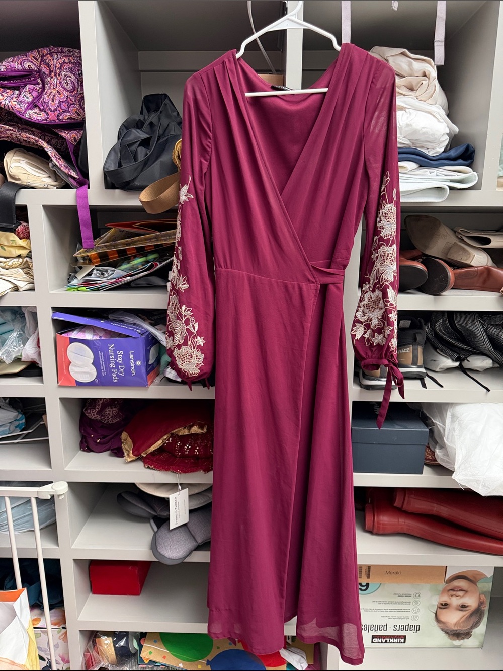 Fashion Nova Wine Long Sleeve Embroidered Wrap Dress